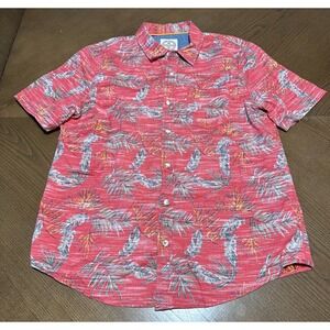 Fat Face Men's Shirt Size‎ L Coral Pink Floral Palms Hawaiian Short Sleeve Shirt